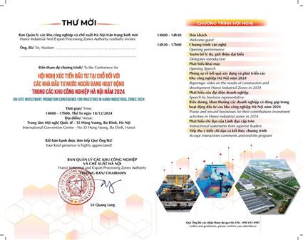 Thư mời Hội nghị xúc tiến đầu tư tại chỗ đối với các nhà đầu tư nước ngoài đang hoạt động trong các khu công nghiệp Hà Nội năm 2024