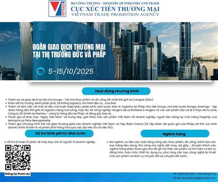 Mời tham gia Đoàn giao dịch thương mại tại thị trường Đức và Pháp